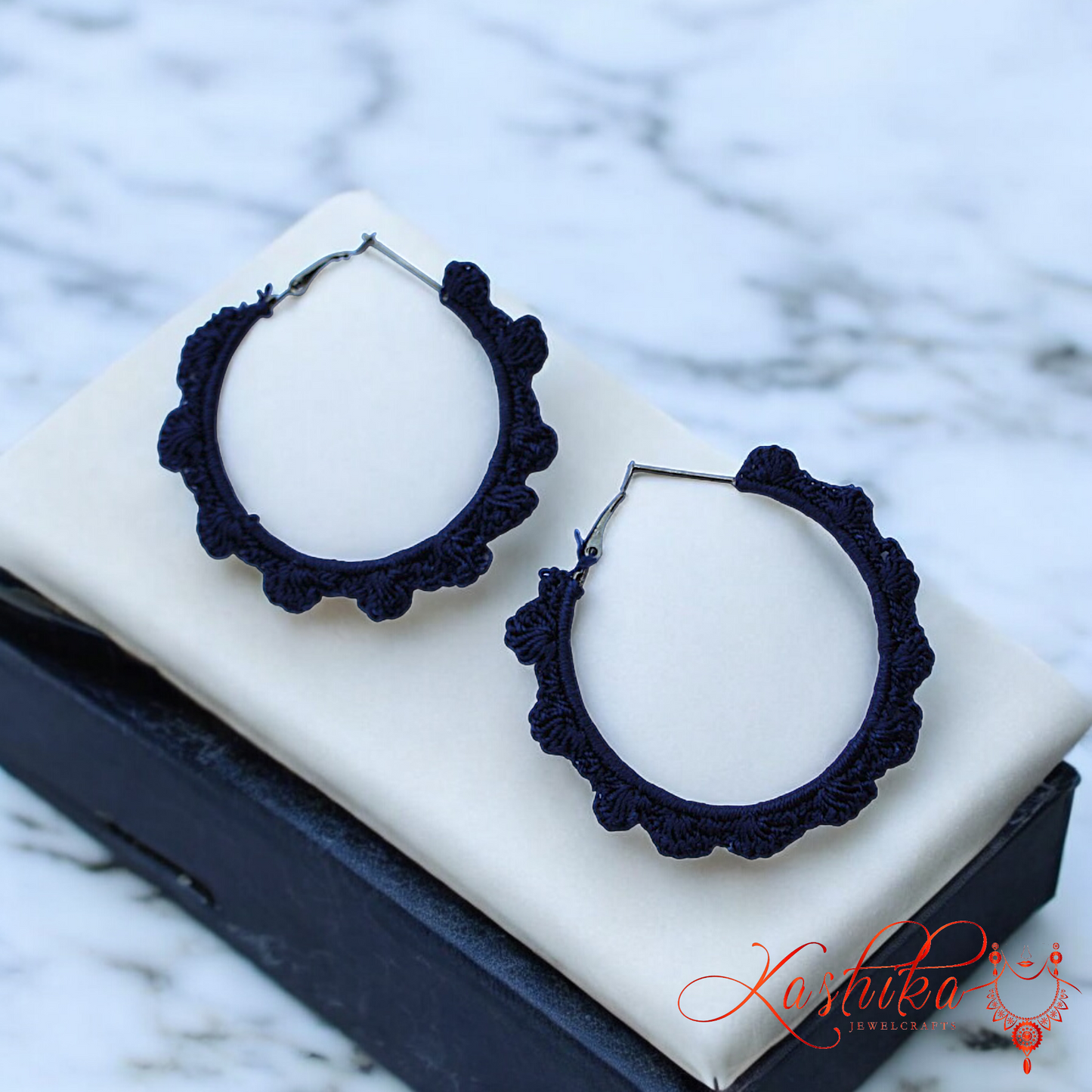 Navy Blue Flower Border Crochet Earrings