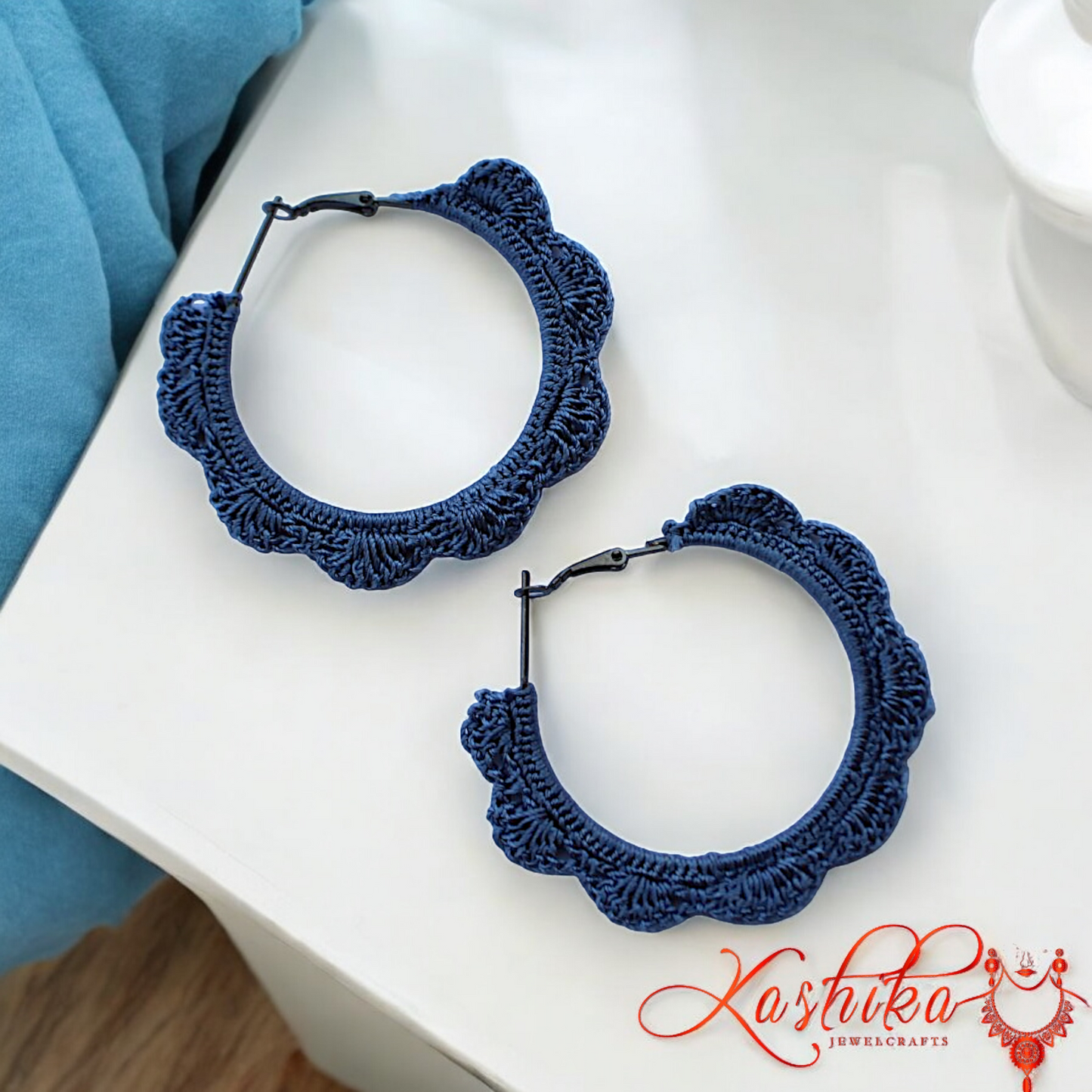 Blue Flower Border Crochet Earrings