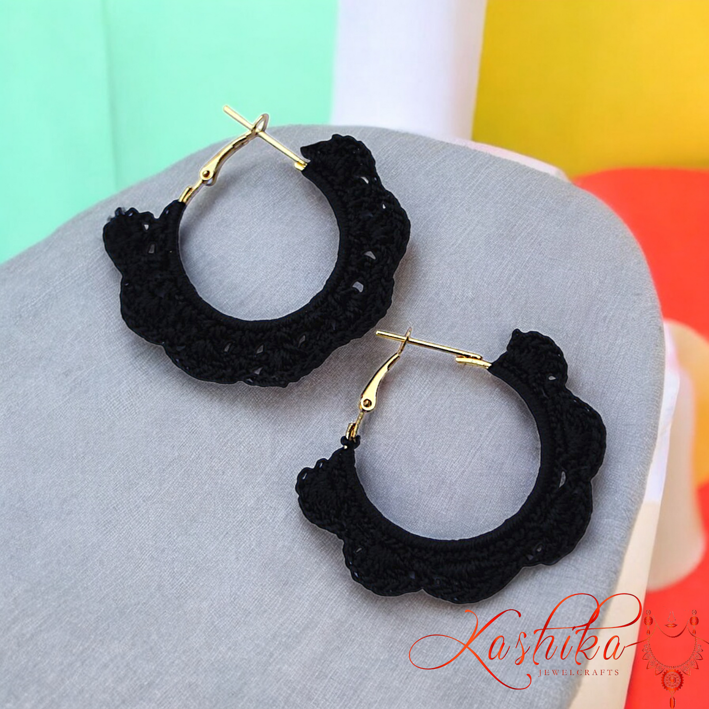 Black Flower Border Crochet Earrings