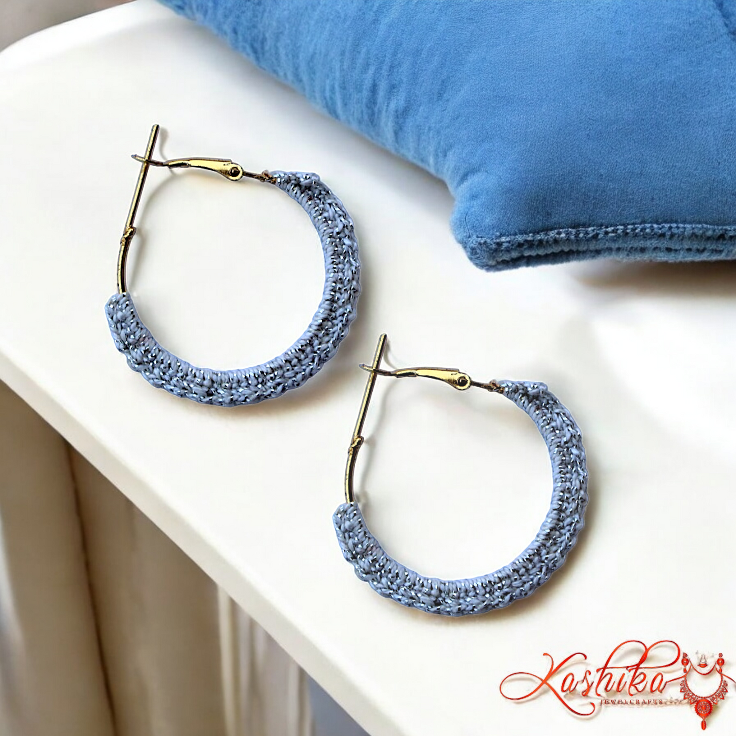 Denim Blue Small Round Crochet Earrings