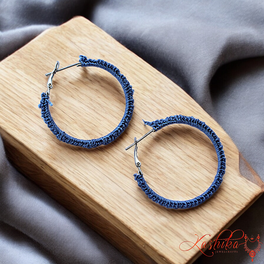 Denim Blue Round Crochet Hoop Earrings