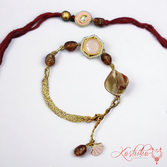 Pink Kundan and Brown Resin Stone Bhaiya Bhabhi Rakhi