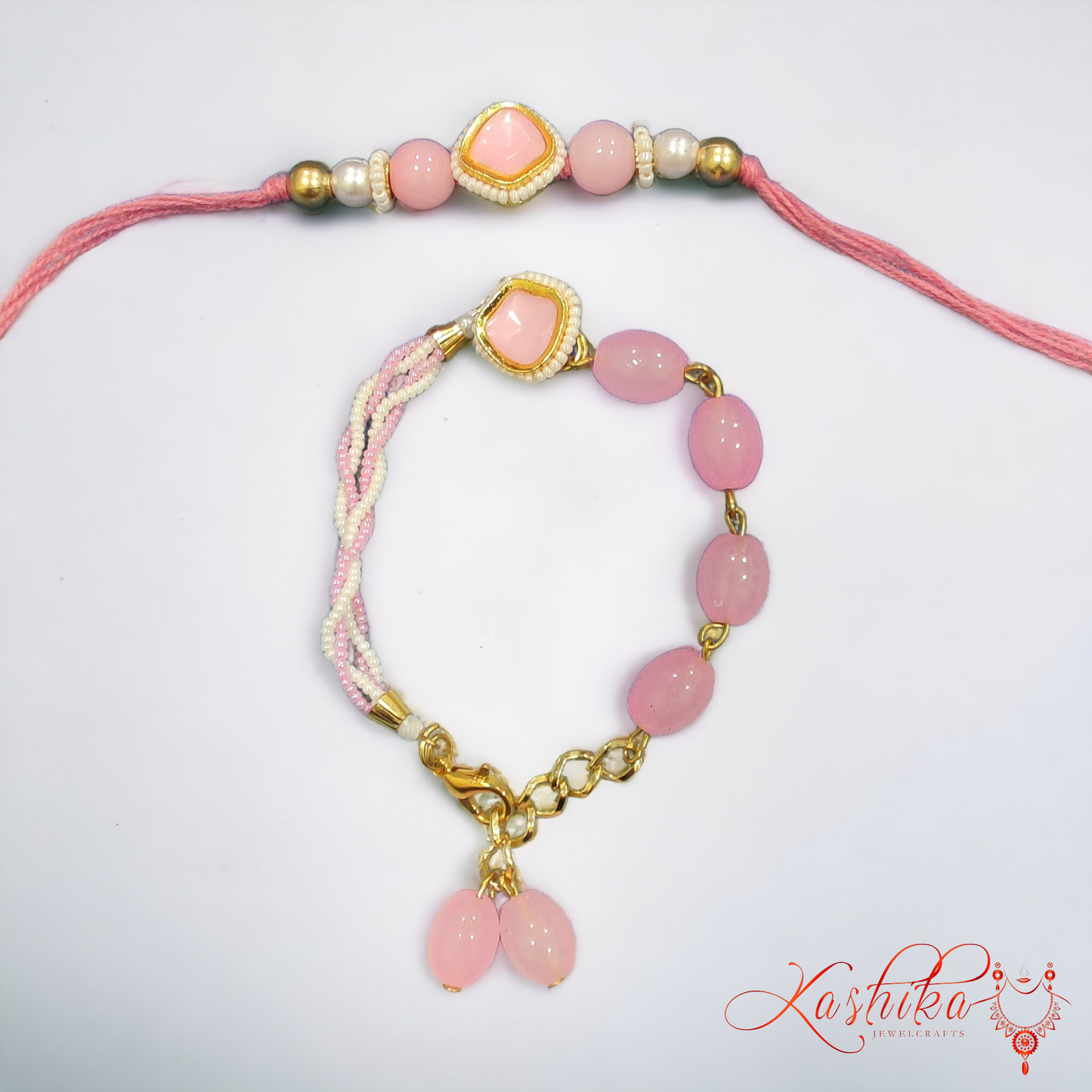 Baby Pink Kundan and Beads Bhaiya Bhabhi Rakhi