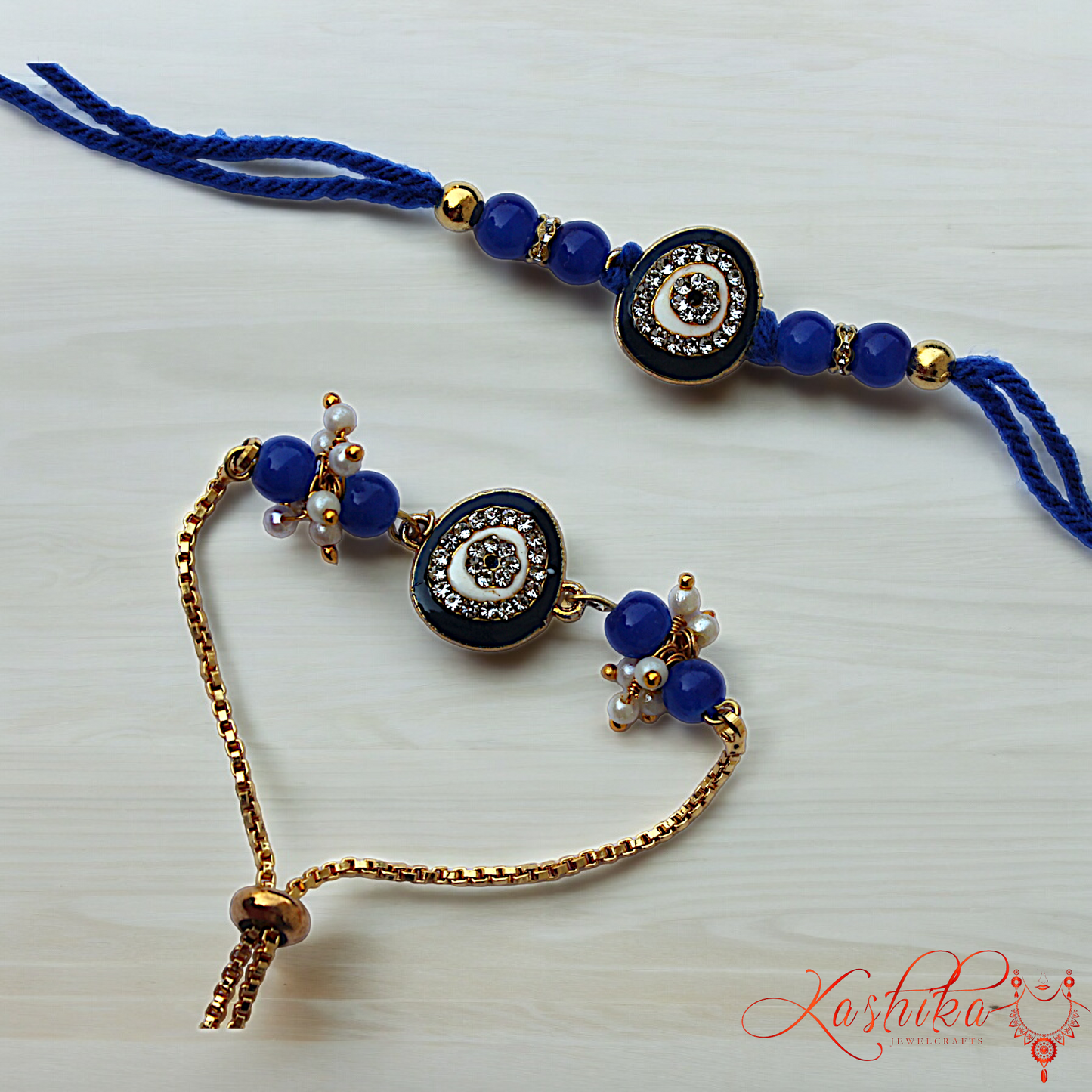 Blue Evil Eye AD Stone Couple Rakhi