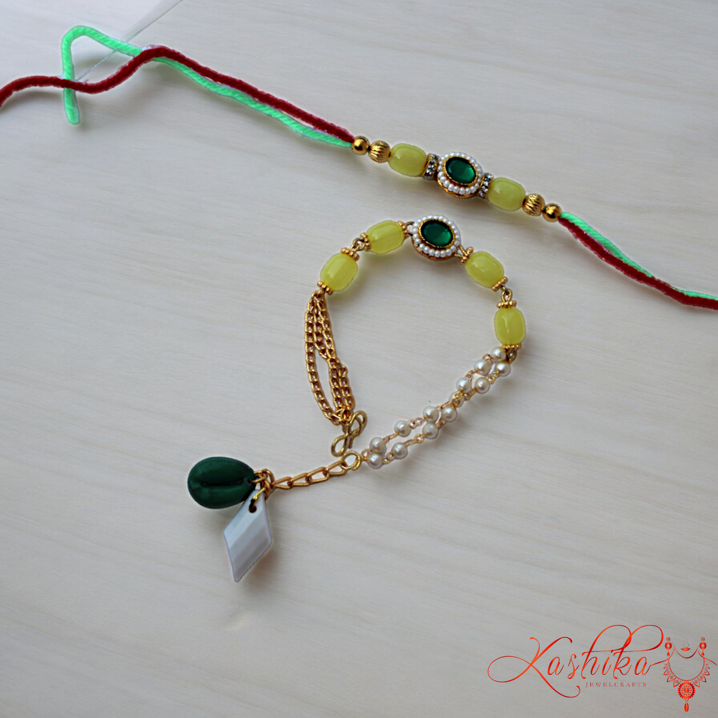 Yellow Beads and Green Kundan Couple Rakhi