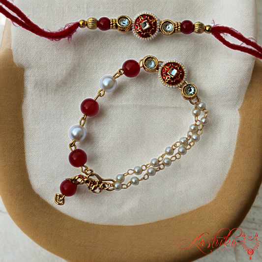 Red Kundan Stone Pearl Beads Couple Rakhi