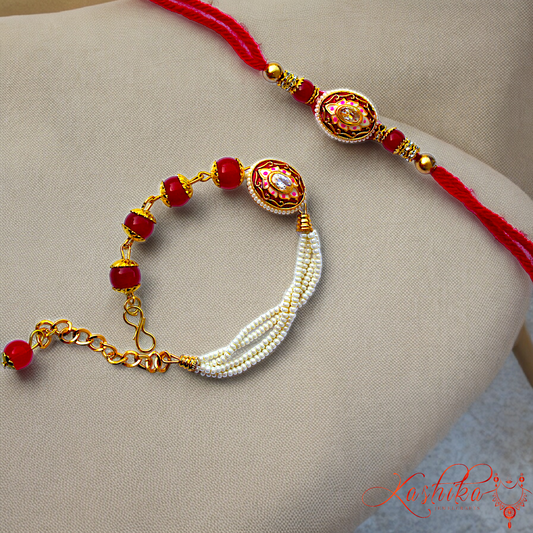 Red and White Beads Couple Rakhi