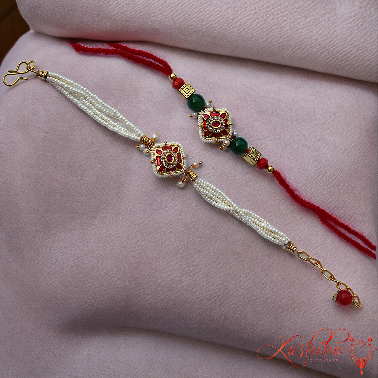 Red Kundan and White Beads Couple Rakhi