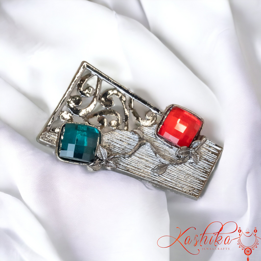 Blue and Red Stone Oxidised Brooch