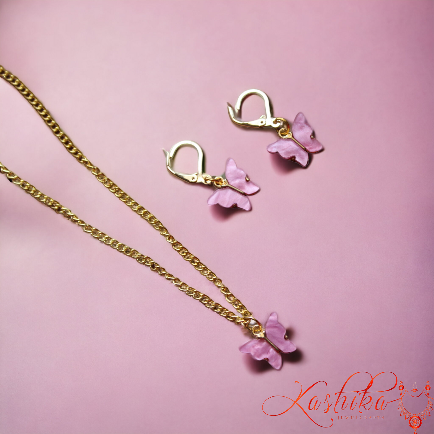 Pink Butterfly Pendant Set with Earrings