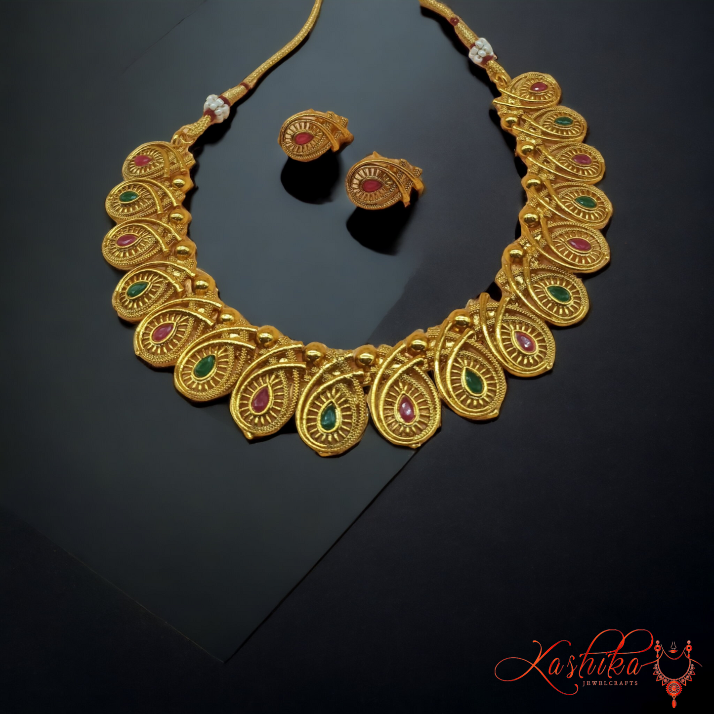 Gold Plated Traditional Red and Green Necklace Set