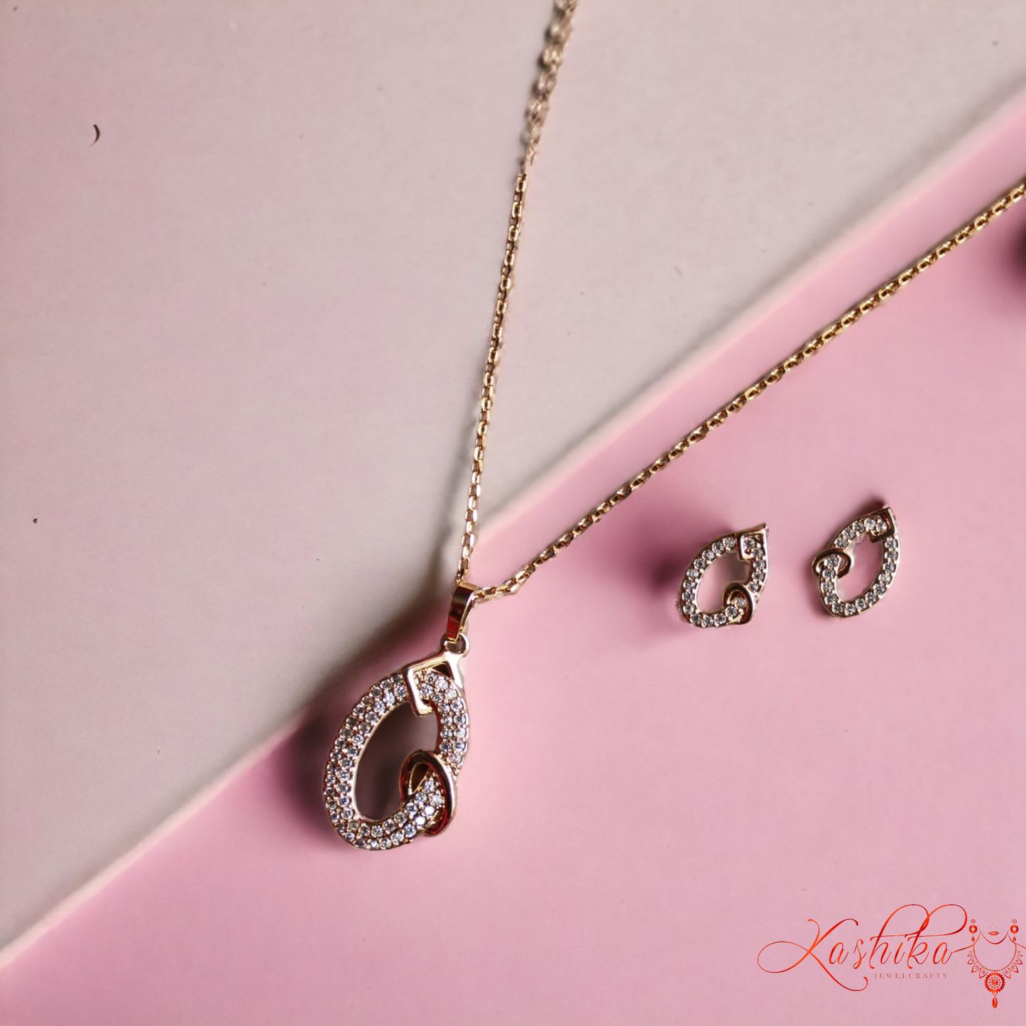 Rose Gold Oval Shaped Pendant Set with Earrings