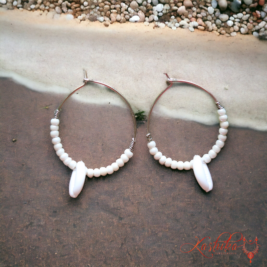 White Bead and Cowrie Earrings