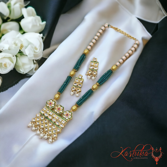 Green Kundan Beaded Long Necklace Set