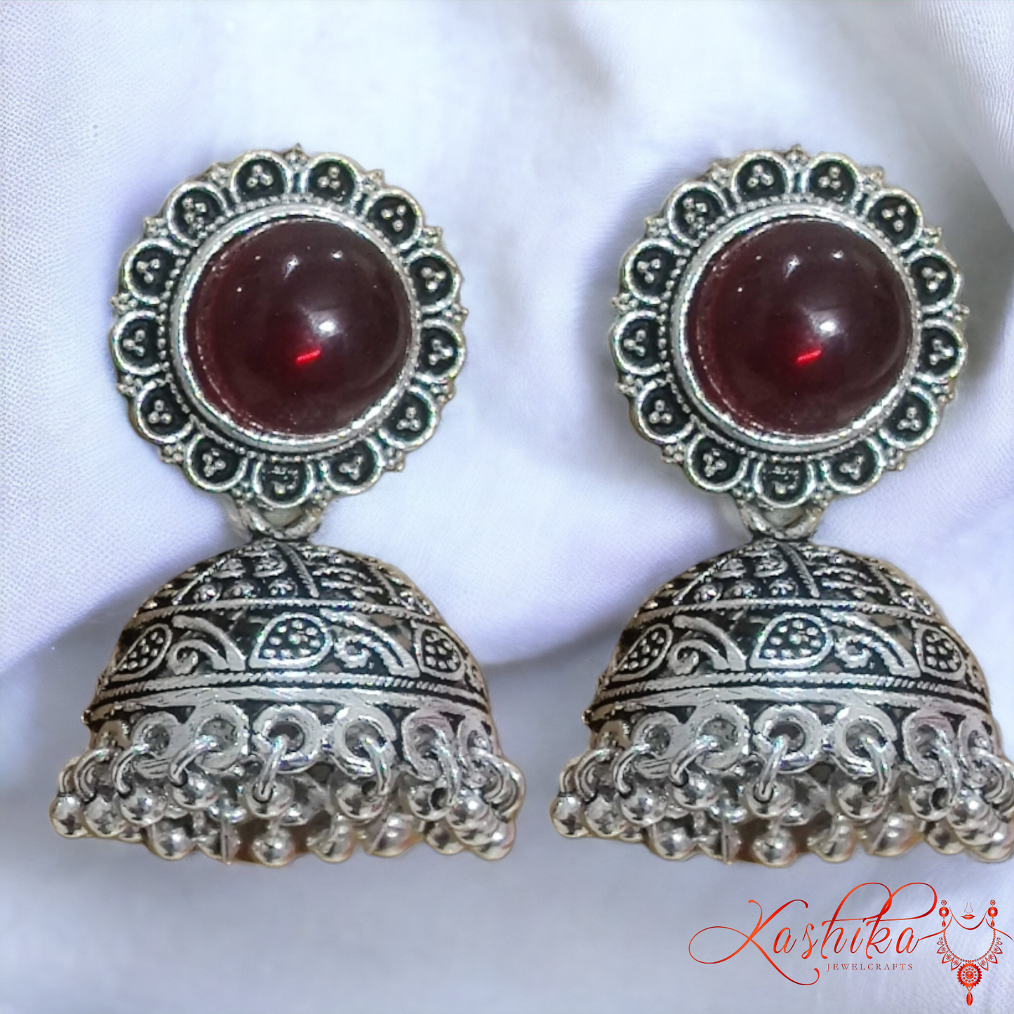 Red Stone Oxidised Jhumki Earrings