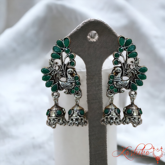 Peacock Green Stone Oxidised Jhumki Earrings