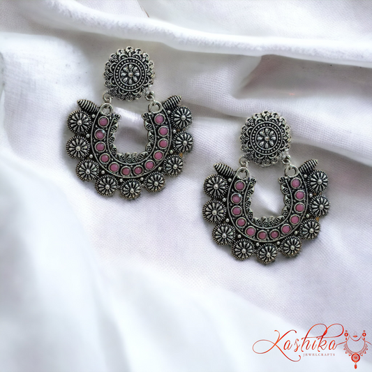 Oxidised Pretty Chandbalis with floral Carving Design