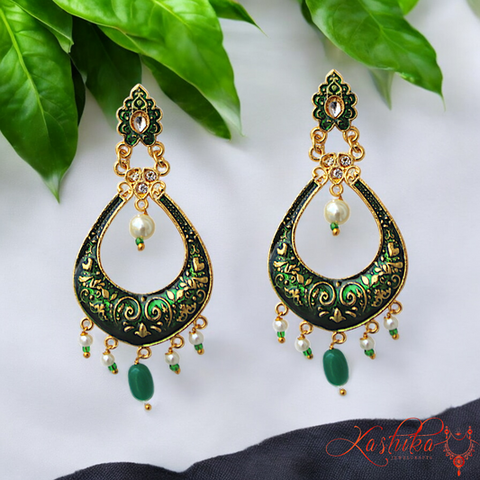 Green Meenakari Dangler Earrings