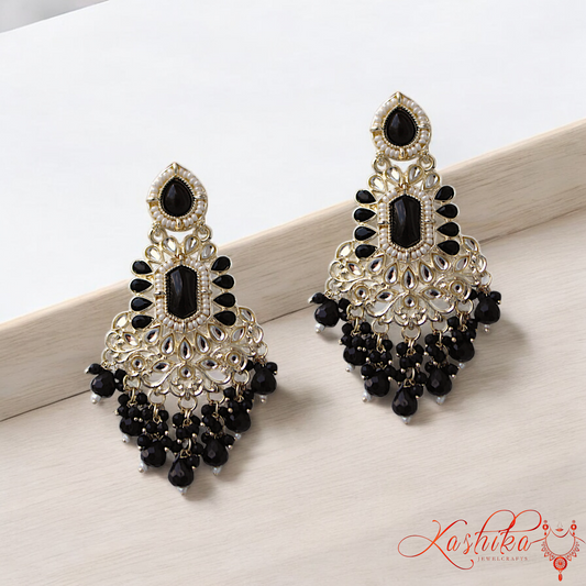 Black Stone and Kundan Dangler Earrings