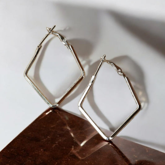 Diamond shaped silver hoop earrings