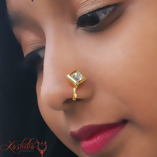 Diamond shape single kundan stone Nose Pin