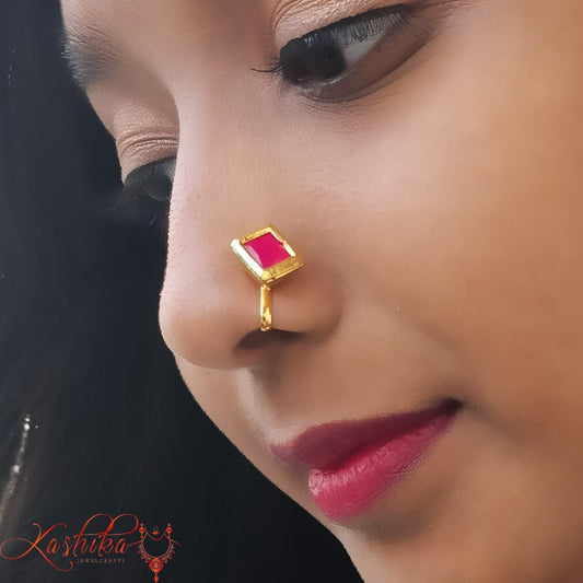 Rectangular single red kundan Nose Pin