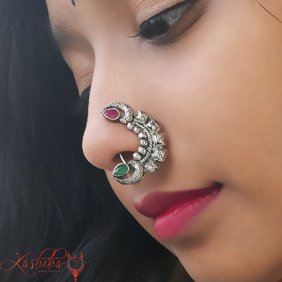 Stone studded oxidised Nose Pin with red and green kundan