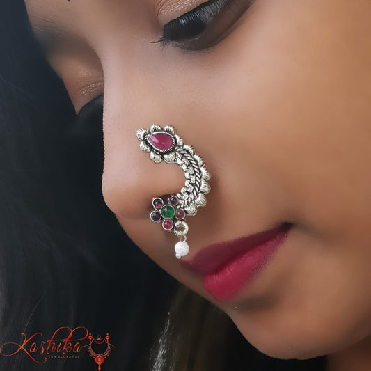 oxidised Nose Pin with Red, green kundan and pearl charm