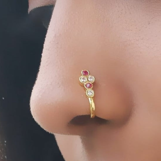 White and red stone,golden minimal Nose Pin