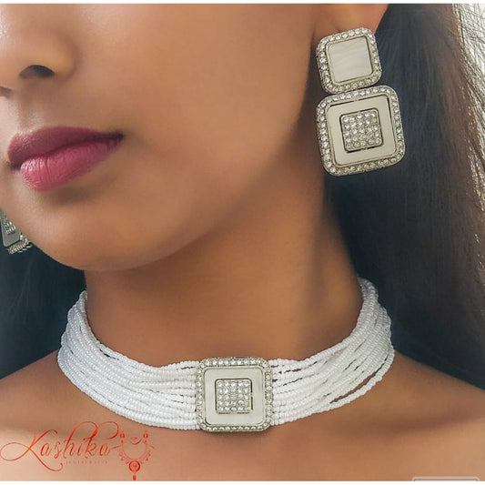 Multi-strand white beaded chokar with square crystal-embellished Necklace Set