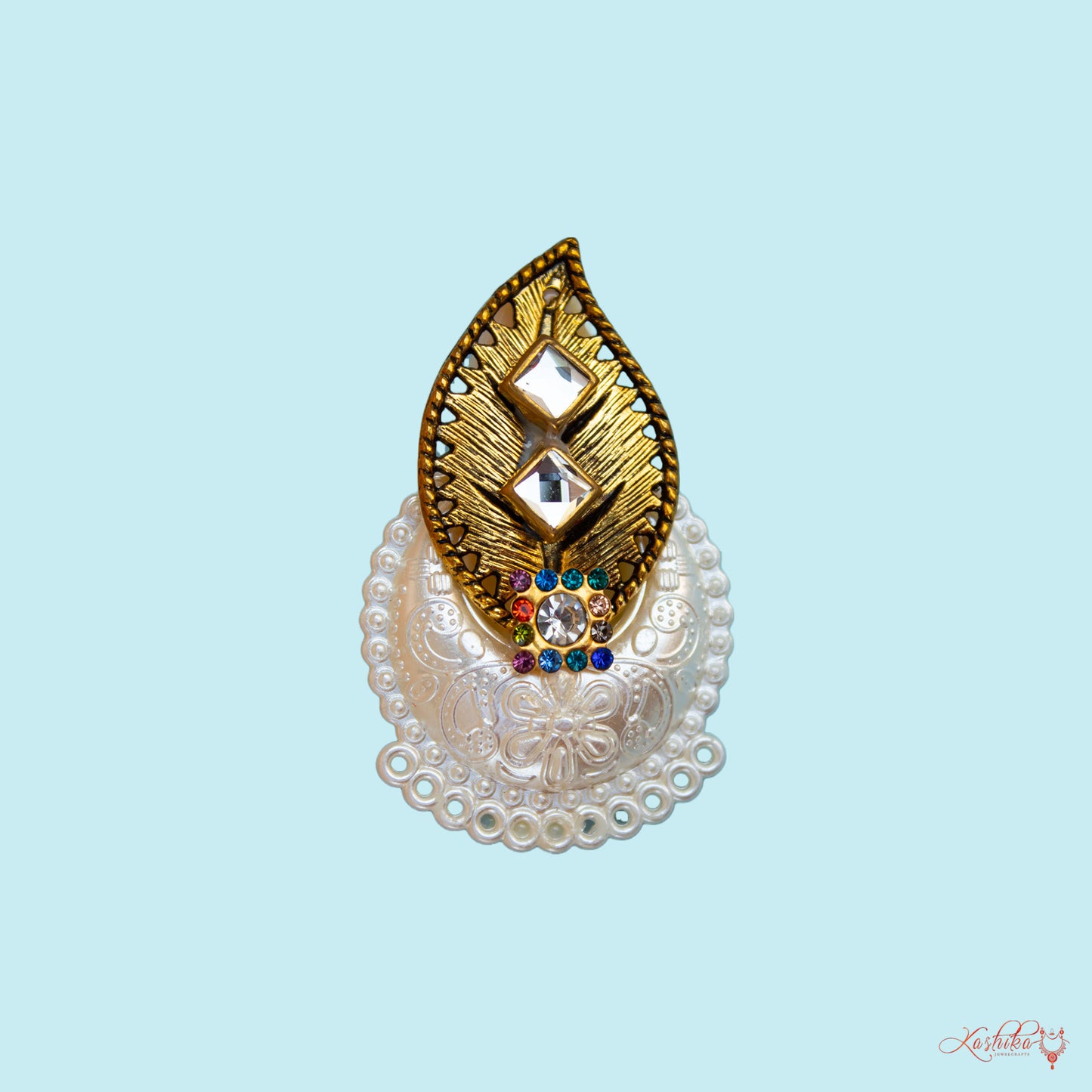 White Bead and Golden Leaf  with Kundan Stones Saree Pin