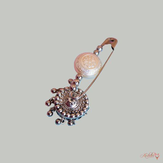 Antique Silver Beaded Saree Pin with Hanging Jhumka