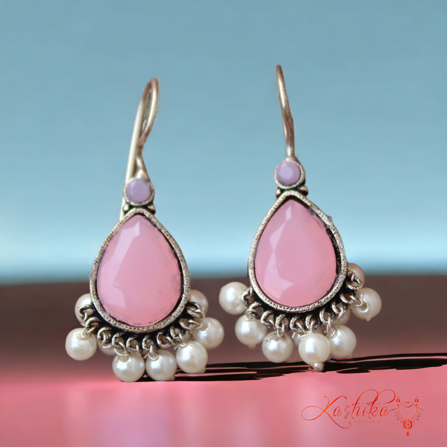 Pink Stone Oxidised earrings