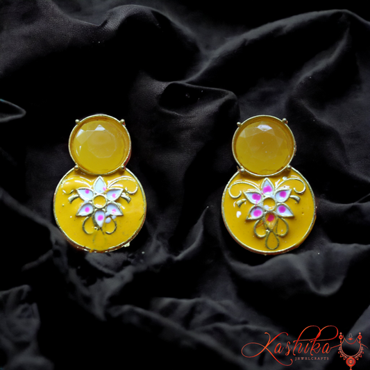 Yellow Meenakari Round Stud Earrings