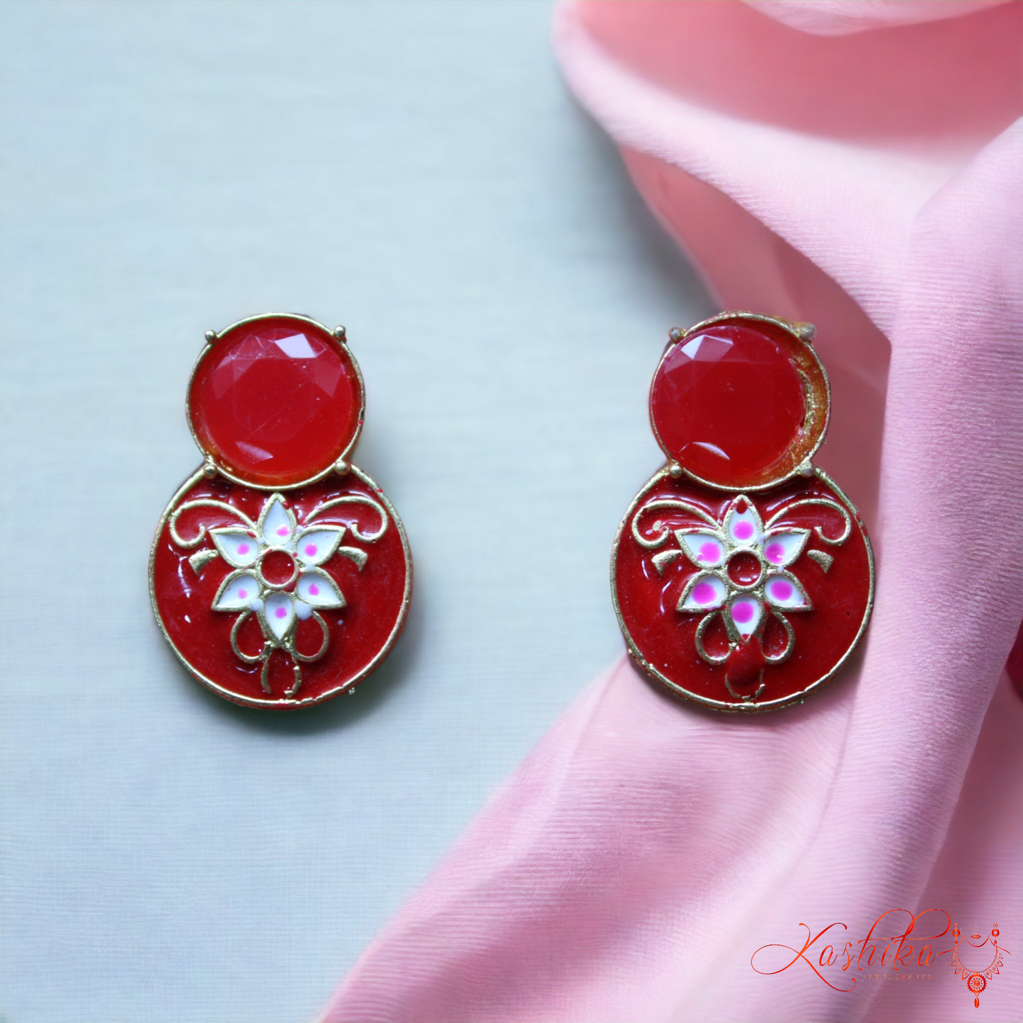 Red Meenakari Round Stud Earrings