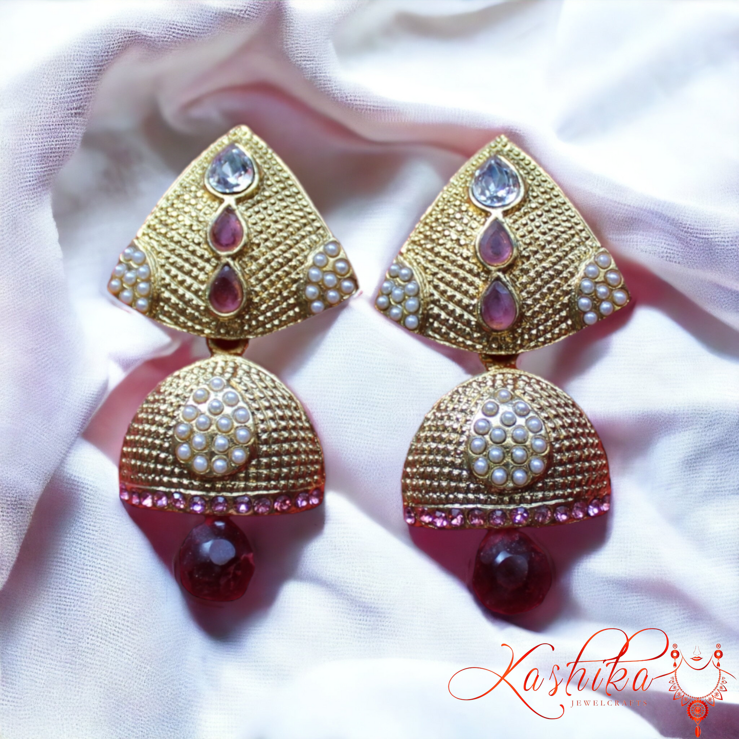 Golden Pearl Studded Red Stone Jhumki