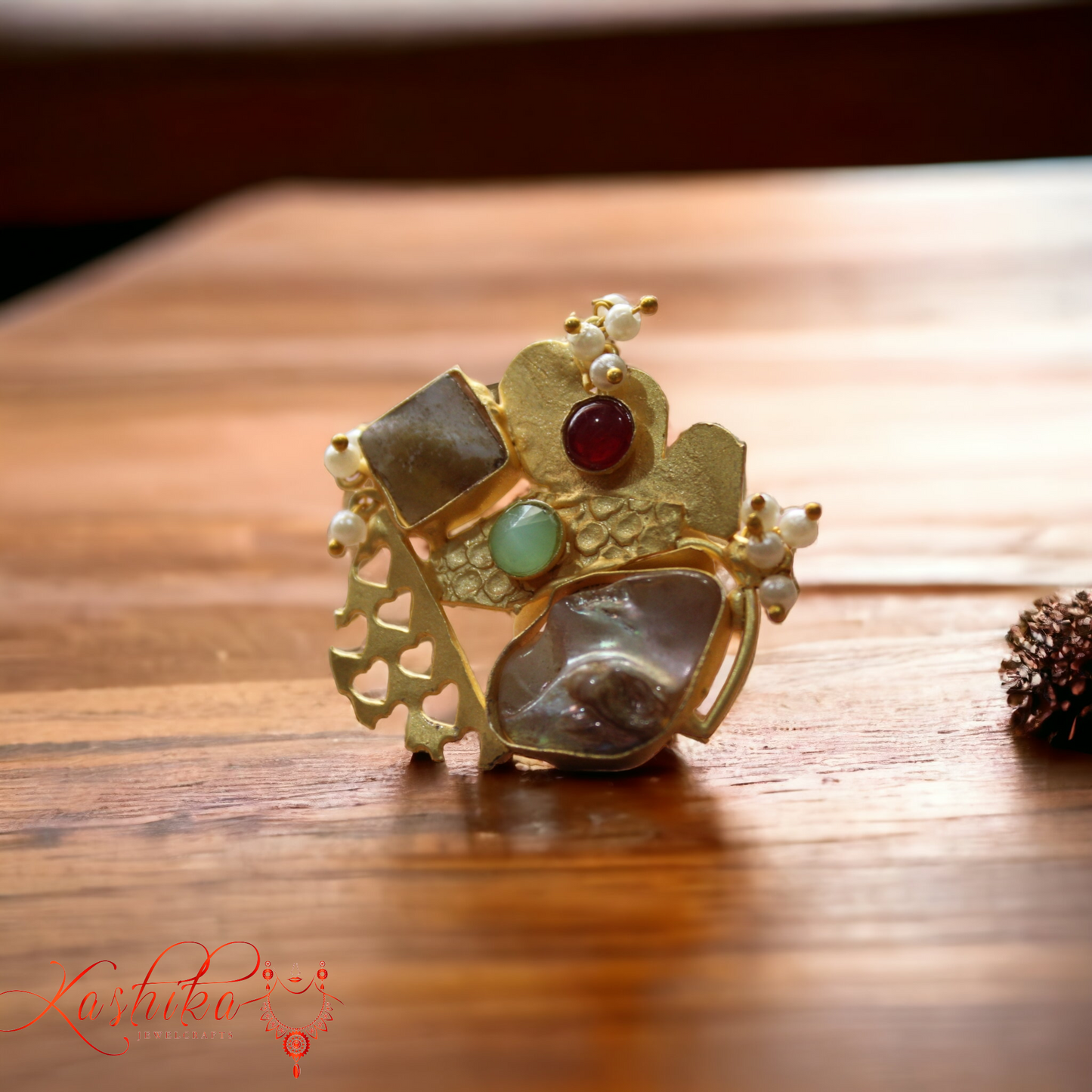 Golden Natural Stone Studded Designer Ring