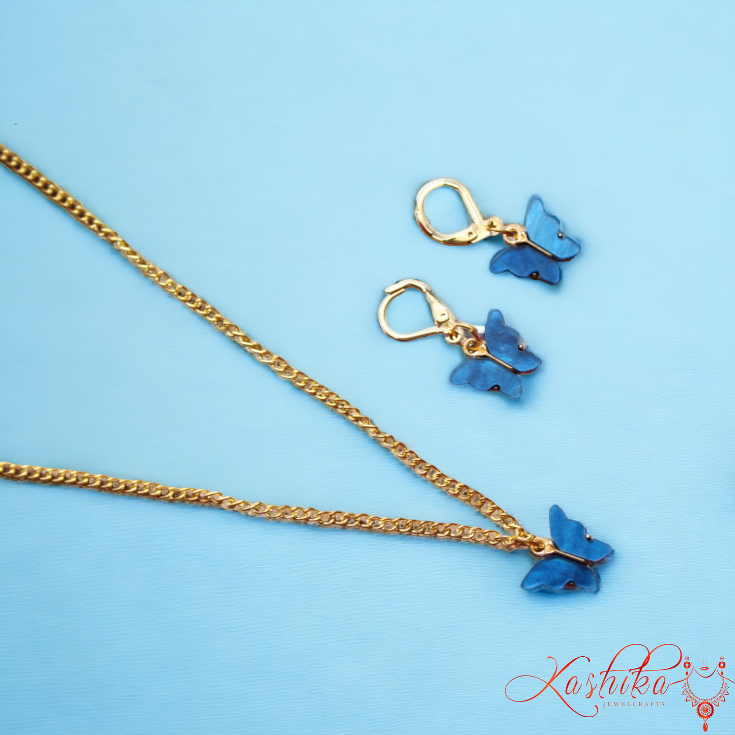 Blue Butterfly Pendant Set with Earrings