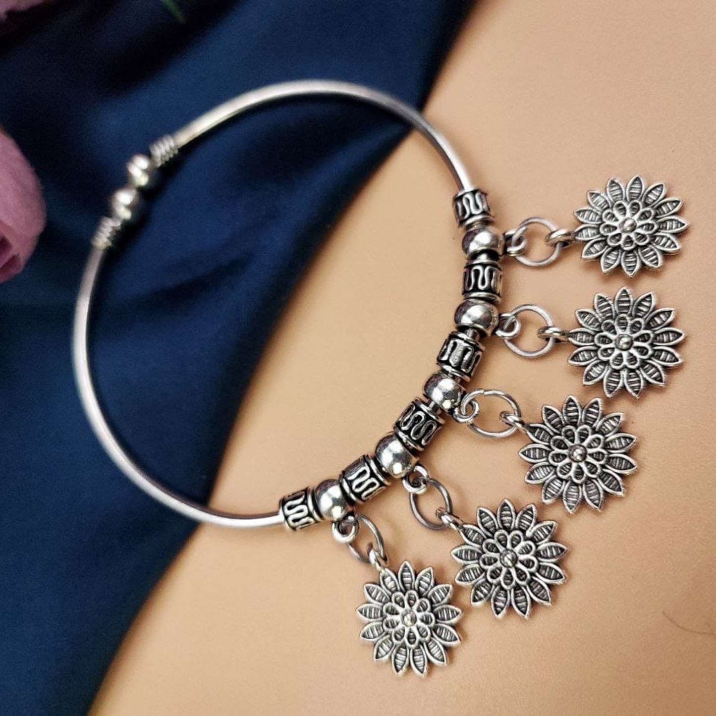 Oxidised Flower Charms Bracelet